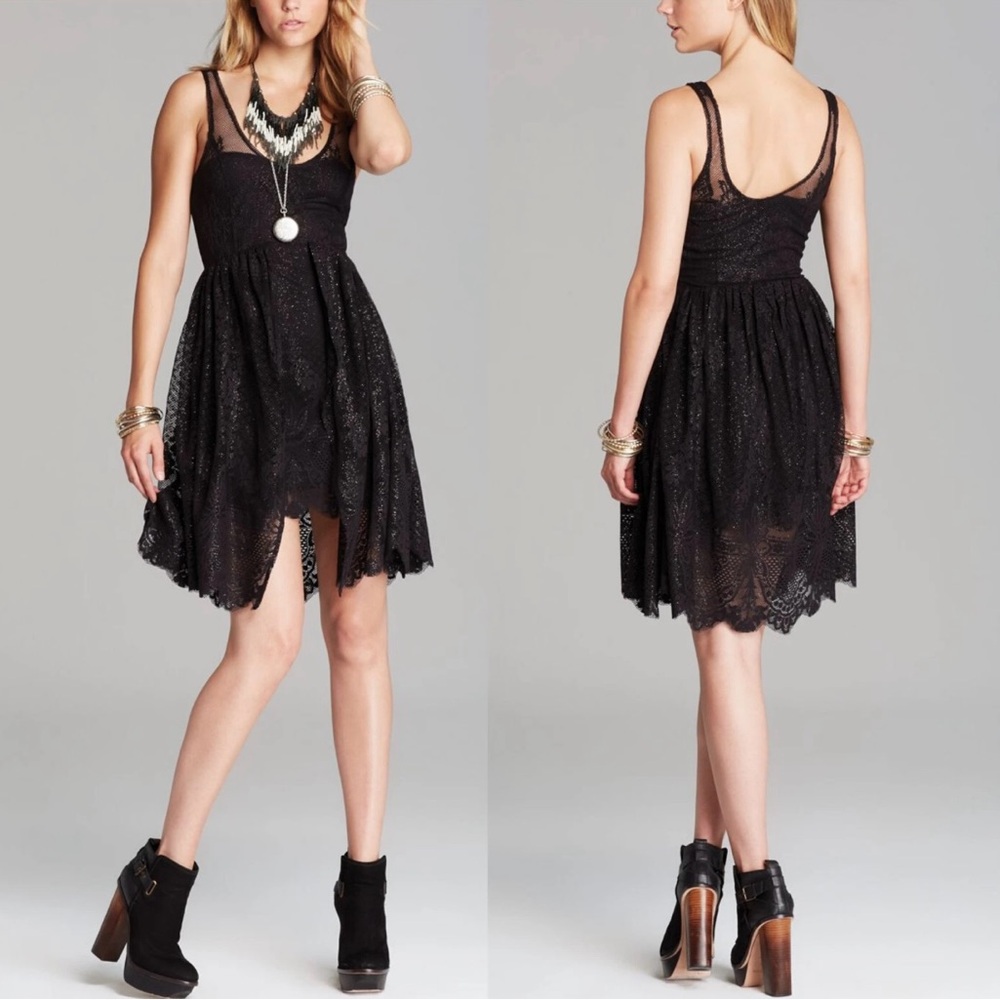 Free People Kristal Metallic Lace Fit & Flare Dress‎ Black Size 2 Fairy Grunge